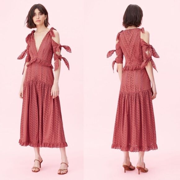 Rebecca Taylor Karina Altered Shoulder Tie Eyelet Lace Midi Dress Sz 0 - Picture 15 of 16